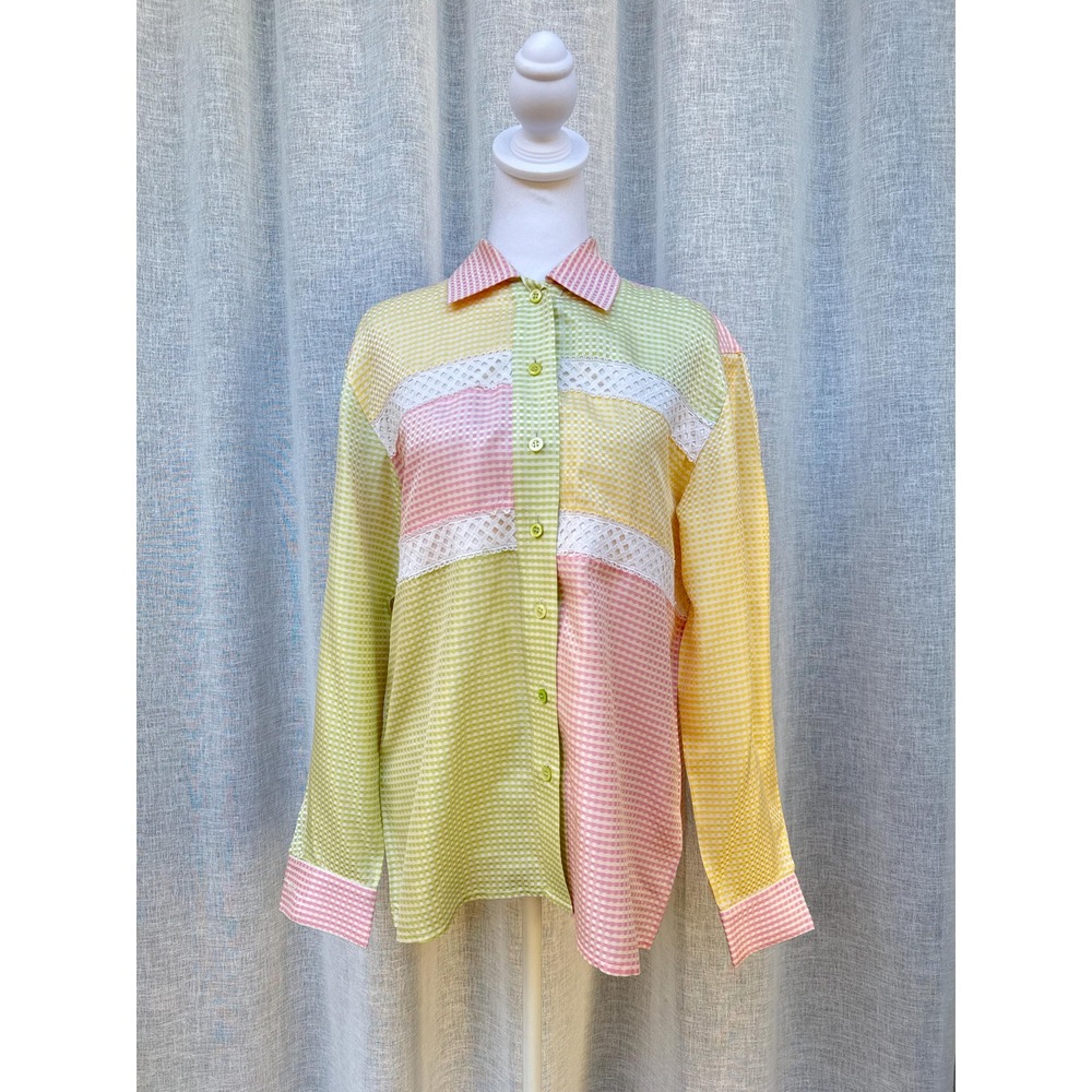 Escada by Margaretha Ley silk yellow pink green gingham color block blouse